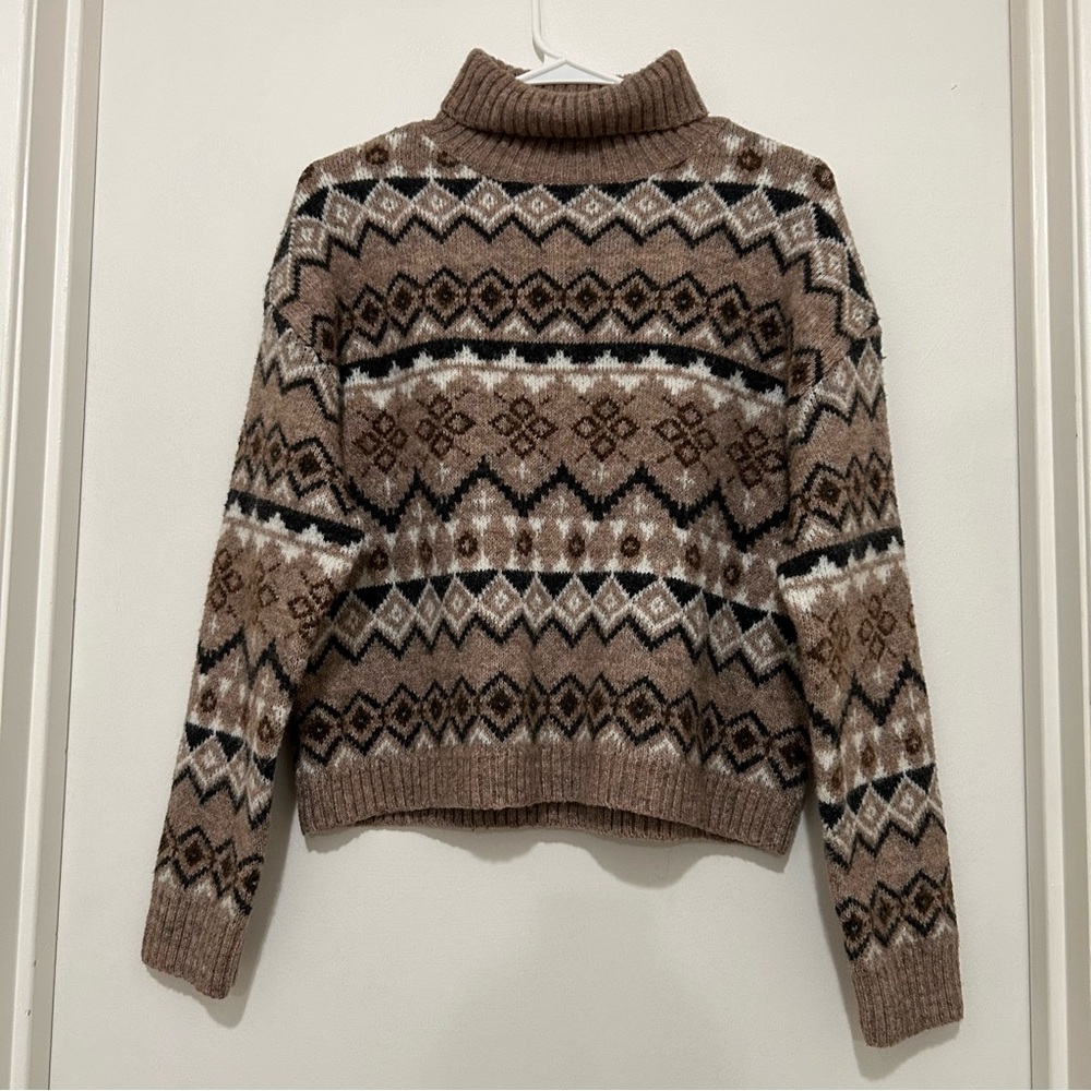 Vintage Y2K 90s Style Fair Isle Mock Neck Sweater Brown Medium F21